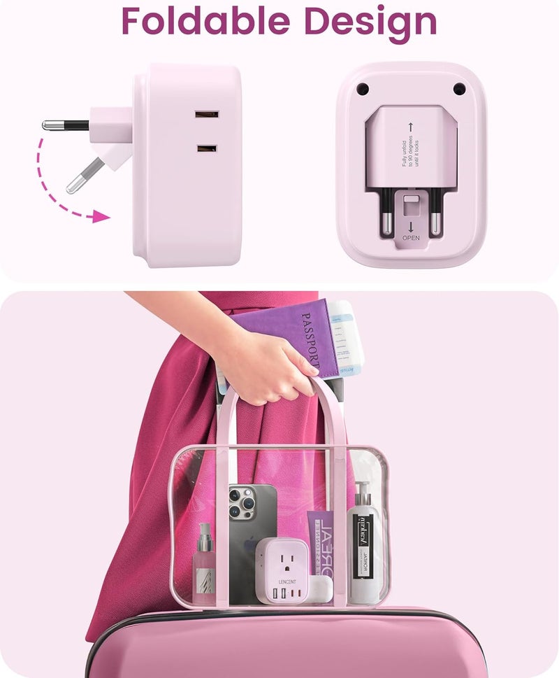 Lencent European Travel Plug Adapter, US to Europe Type-C Foldable Power Plug with 4 Outlets 4 USB Ports (2 USB C), Power Adaptor for USA to EU Euro Iceland Spain Italy France Germany Greece, Pink - Image 2